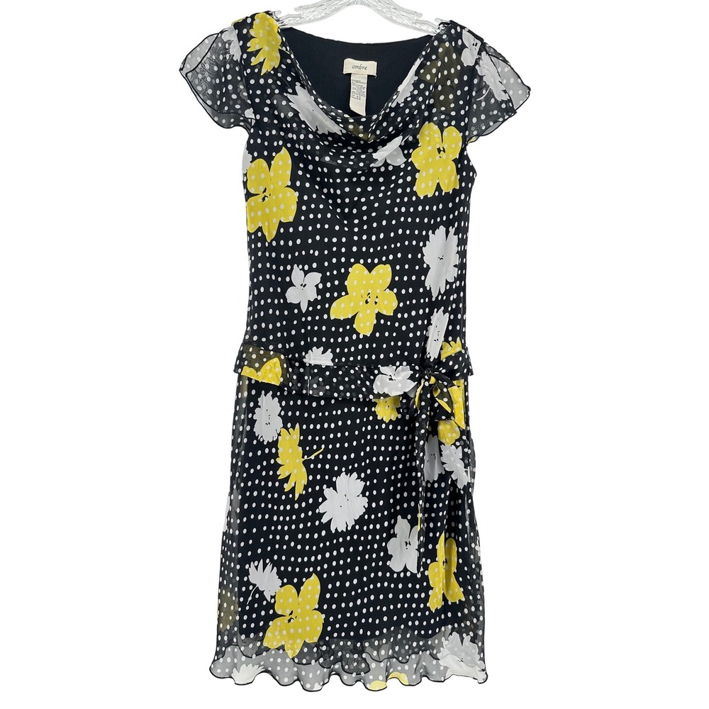 Vintage Ombre Black Polka Dot Floral Chiffon‎ Dress Flutter Sleeve Sz 9/10
